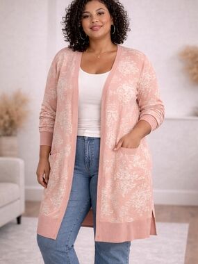 Nina Leonard Plus Size 1X Peach Floral Duster Cardigan Long Open Front Sweater
